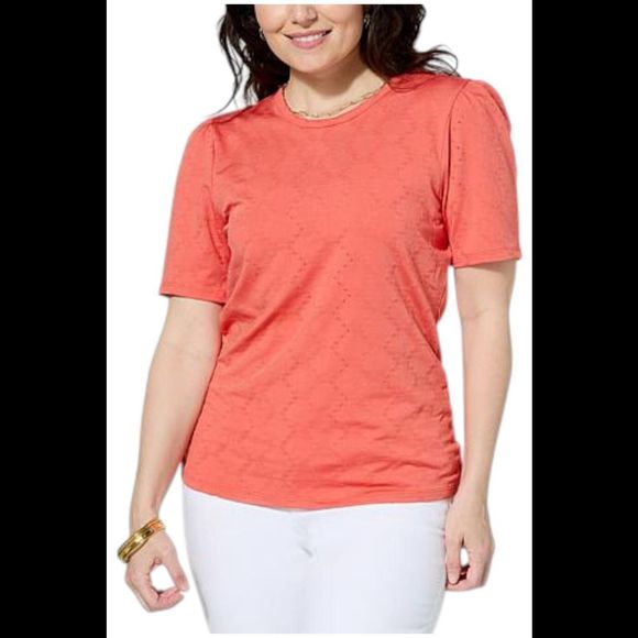 Jaclyn Smith Tops - Jaclyn Smith Women's Eyelet Knit Puff-Sleeve Tee Emberglow - Regular
